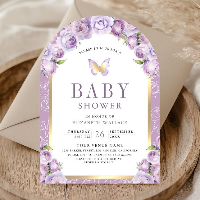 Invitación Lavender Purple Floral Arco mariposa Baby Shower (Subido por el creador)