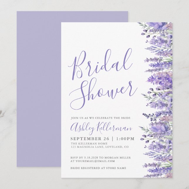 Invitación Lavender Purple Floral Bridal Shower (Anverso / Reverso)