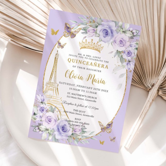 Invitación Lavender Purple Floral Butterflies Quinceañera 16 (pastel-soft-lavender-purple-lilac-floral-flowers-butterflies-gold-eiffel-tower-paris-france-invite)