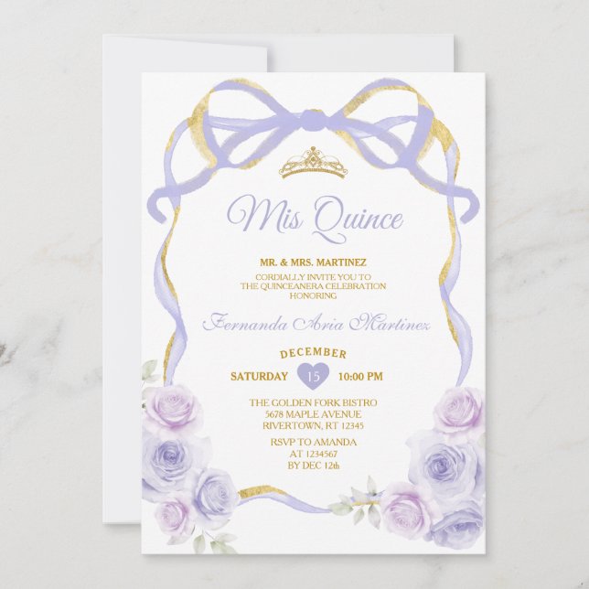 Invitación Lavender Purple Floral Cinta De Oro Miño (Anverso)