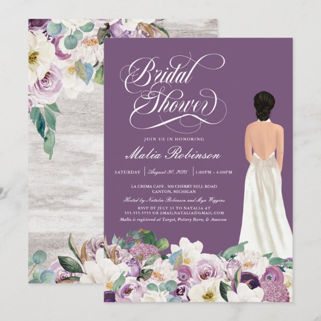 Invitación Lavender Purple Floral Elegante Ducha Bridal (Anverso / Reverso)