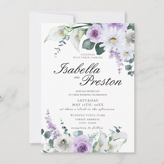 Invitación Lavender Purple Floral Elegante Lilies Boda (Anverso)