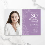 Invitación Lavender Purple Floral Foto 30 cumpleaños<br><div class="desc">Invitación a la fiesta de cumpleaños 30 con lavanda floral con tu foto en la parte delantera de la tarjeta. Diseño elegante y moderno con detalles botánicos de dibujos y tipografía. Sencilla carta de invitación a la moda, perfecta para una elegante celebración de cumpleaños femenina. Se puede personalizar a cualquier...</div>