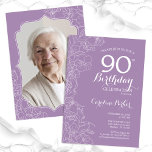 Invitación Lavender Purple Floral Foto 90th Birthday Party<br><div class="desc">Invitación a la fiesta de cumpleaños 90 de Lavender morado floral con tu foto al fondo de la tarjeta. Diseño moderno minimalista con dibujos botánicos de contorno acentos, Relieve metalizado de oro falso y tipo de letra de escritura tipográfica. Sencilla carta de invitación a la moda, perfecta para una elegante...</div>