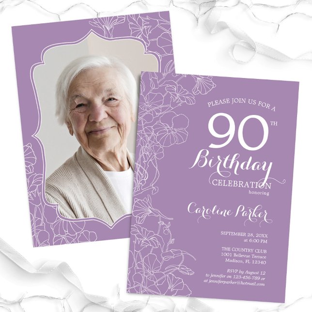Invitación Lavender Purple Floral Foto 90th Birthday Party (Subido por el creador)
