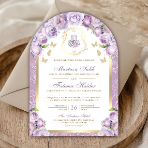 Invitación Lavender Purple Floral Gold Arch Boda Musulmana