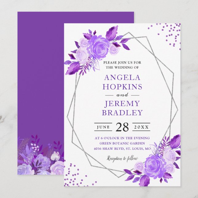 Invitación Lavender Purple Floral Moderno Boda de marco plate (Anverso / Reverso)