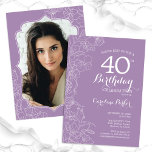 Invitación Lavender Purple Floral Photo 40th Birthday Fiesta<br><div class="desc">Invitación de la 40ª fiesta de cumpleaños con flores de lavanda con tu foto en la parte trasera de la tarjeta. Diseño elegante y moderno con detalles botánicos de dibujos y tipografía. Sencilla carta de invitación a la moda, perfecta para una elegante celebración de cumpleaños femenina. Se puede personalizar a...</div>