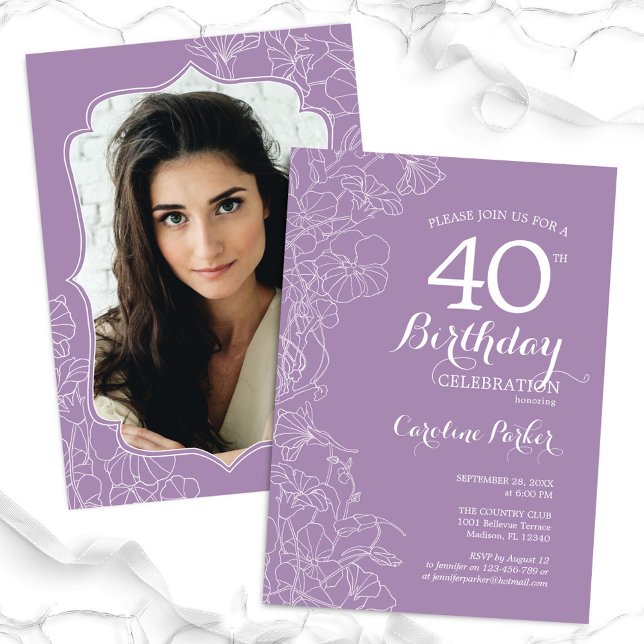 Invitación Lavender Purple Floral Photo 40th Birthday Fiesta (Subido por el creador)