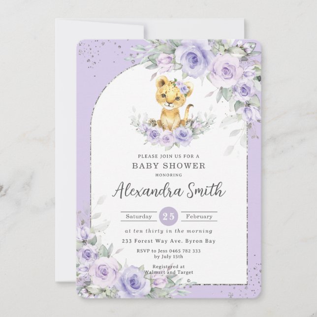 Invitación Lavender Purple Floral Sweet Lion Cub Baby Shower (Anverso)