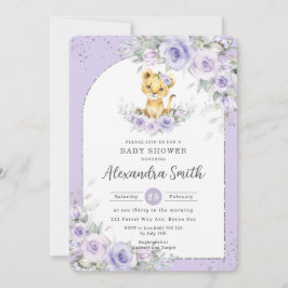 Invitación Lavender Purple Floral Sweet Lion Cub Baby Shower
