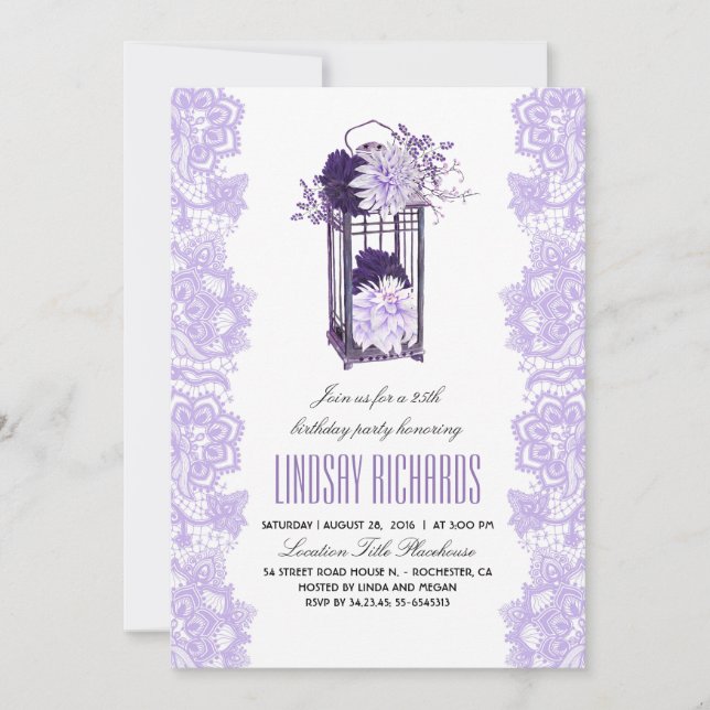 Invitación Lavender Purple Flowers Lantern Birthday Party (Anverso)