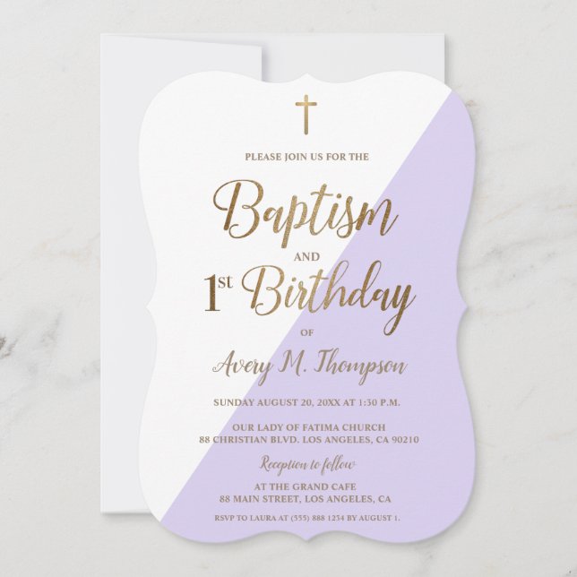 Invitación Lavender Purple Gold Cross Baptism 1º cumpleaños (Anverso)