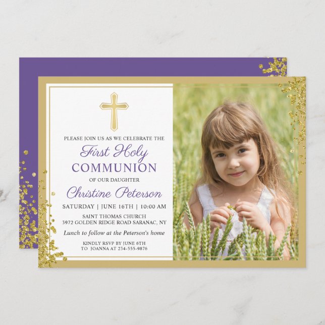 Invitación Lavender Purple Gold foto de la comunión sagrada (Anverso / Reverso)