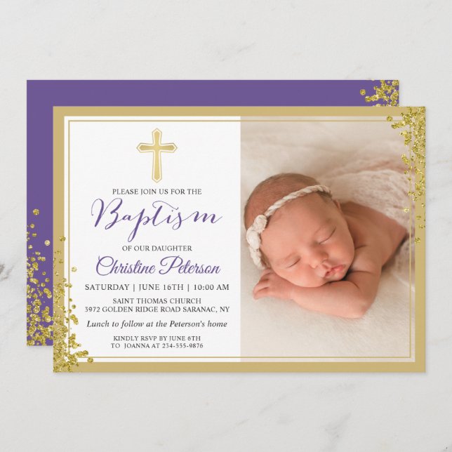 Invitación Lavender Purple Gold Purpurina Baptism Photo (Anverso / Reverso)