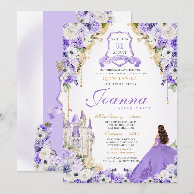 Invitación Lavender Purple Gold Royal Princess Castle Quince (Anverso / Reverso)