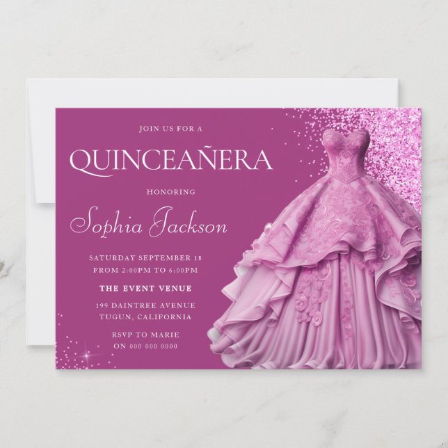 Invitación Lavender Purple Gown Quinceanera Fiesta 15 (Anverso)