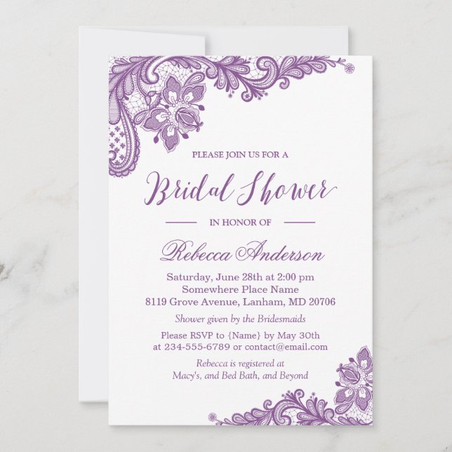 Invitación Lavender Purple Lace Elegante Floral Bridal Ducha (Anverso)