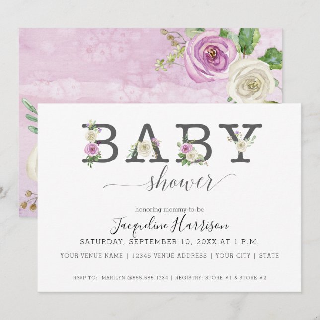Invitación Lavender Purple n White Florals | Baby Shower chic (Anverso / Reverso)