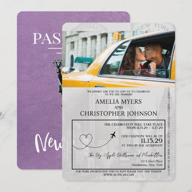 Invitación Lavender Purple New York City Passport Boda (Anverso / Reverso)