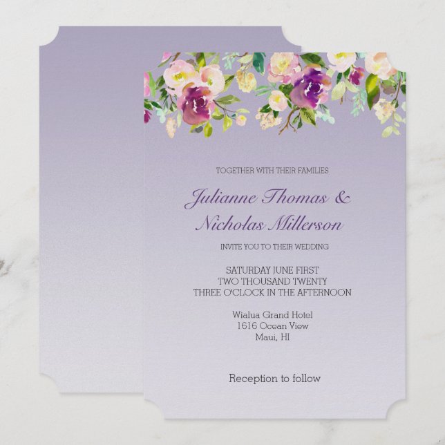 Invitación Lavender Purple Ombre Borgoña Rubor Floral (Anverso / Reverso)