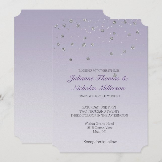 Invitación Lavender Purple Ombre Silver Confetti Sparkle (Anverso / Reverso)