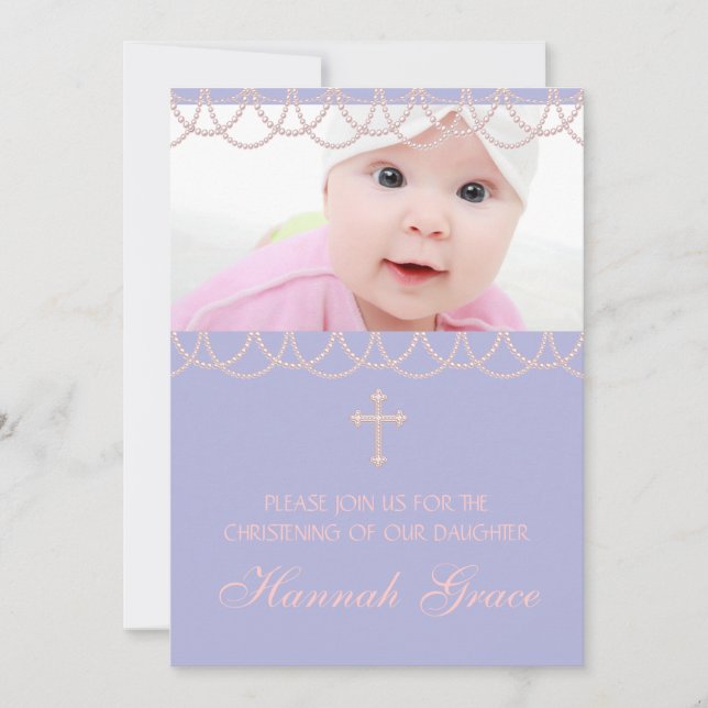 Invitación Lavender Purple Pearl Cross Foto Christening (Anverso)