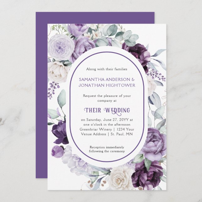 Invitación Lavender Purple Peonies Oval Border Boda | (Anverso / Reverso)