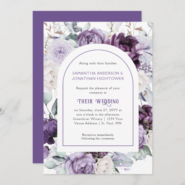Invitación Lavender Purple Peonies Oval Border Boda | Invi (Anverso / Reverso)