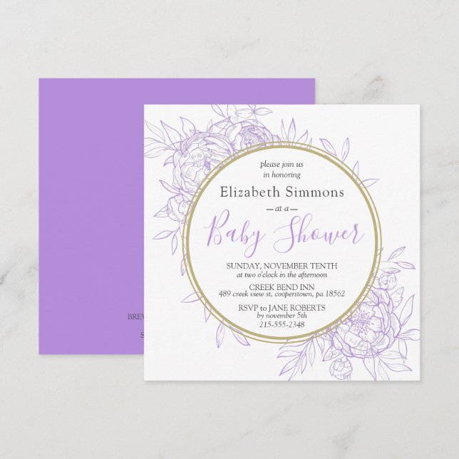 Invitación Lavender Purple Peony Floral Toile Baby Shower (Anverso / Reverso)