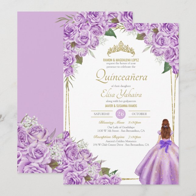 Invitación Lavender Purple Quinceanera Elegante Rosa Floral (Anverso / Reverso)