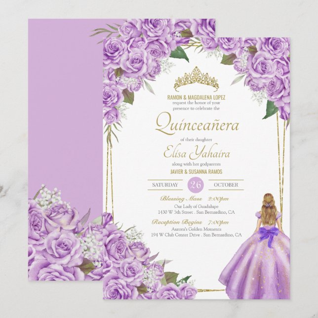 Invitación Lavender Purple Quinceanera Elegante Rosa Floral (Anverso / Reverso)