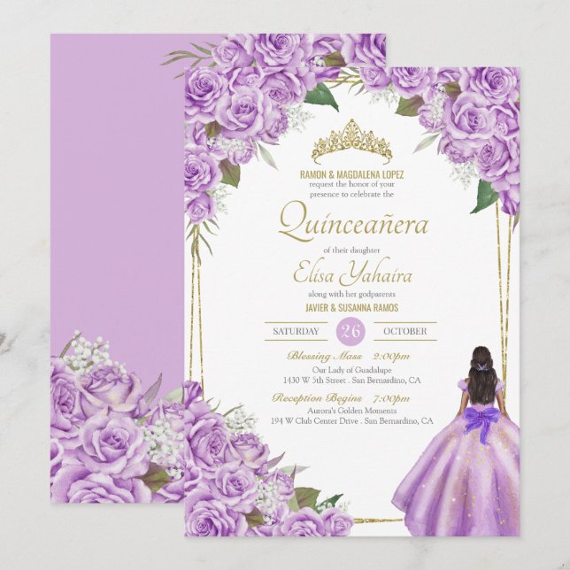 Invitación Lavender Purple Quinceanera Elegante Rosa Floral (Anverso / Reverso)