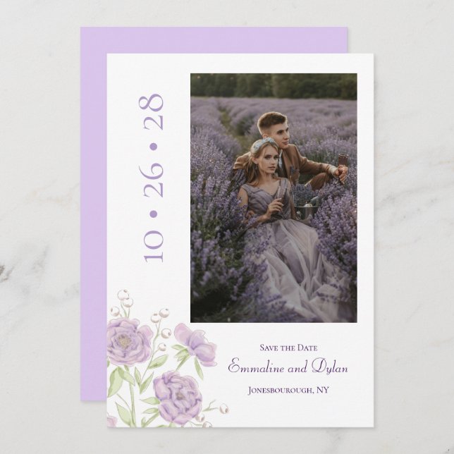 Invitación Lavender Purple Rose Wedding Save the Date (Anverso / Reverso)