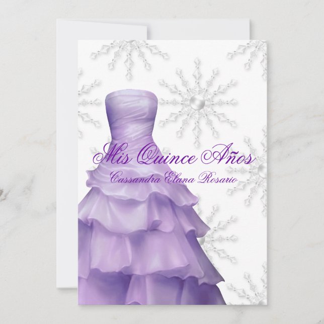 Invitación Lavender Purple Snowflakes White Quinceanera (Anverso)