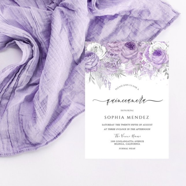 Invitación Lavender Purple Sparkle Floral Quinceanera Fiesta (Subido por el creador)