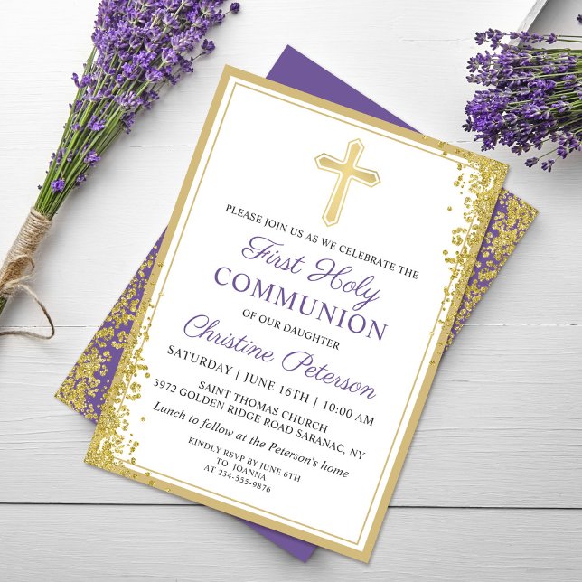 Invitación Lavender Purpurina de oro morado primera comunión  (Subido por el creador)