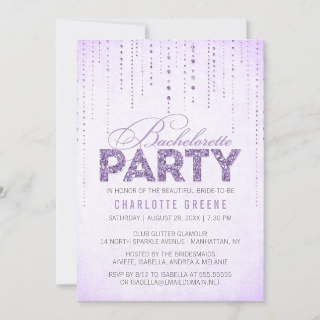 Invitación Lavender Purpurina Look Bachelorette Party (Anverso)