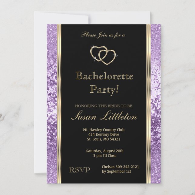 Invitación Lavender Purpurina morado Bachelorette (Anverso)
