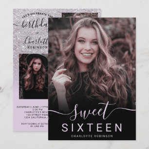 Invitación Lavender purpurina morado sombrío 5 fotos dulce 16