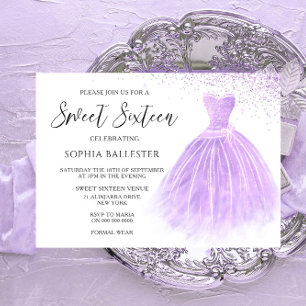 Invitación Lavender Purpurina morado vestido dulce 16 Fiesta