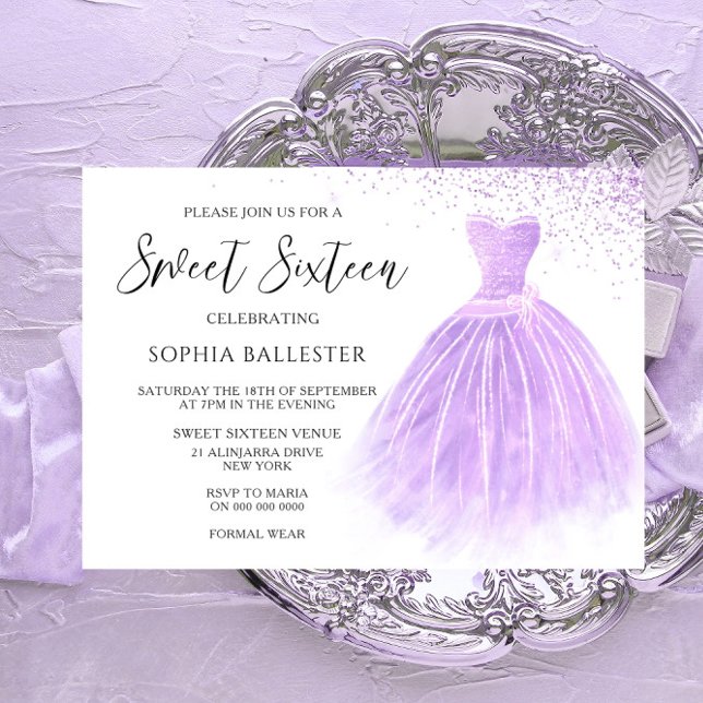 Invitación Lavender Purpurina morado vestido dulce 16 Fiesta (Subido por el creador)
