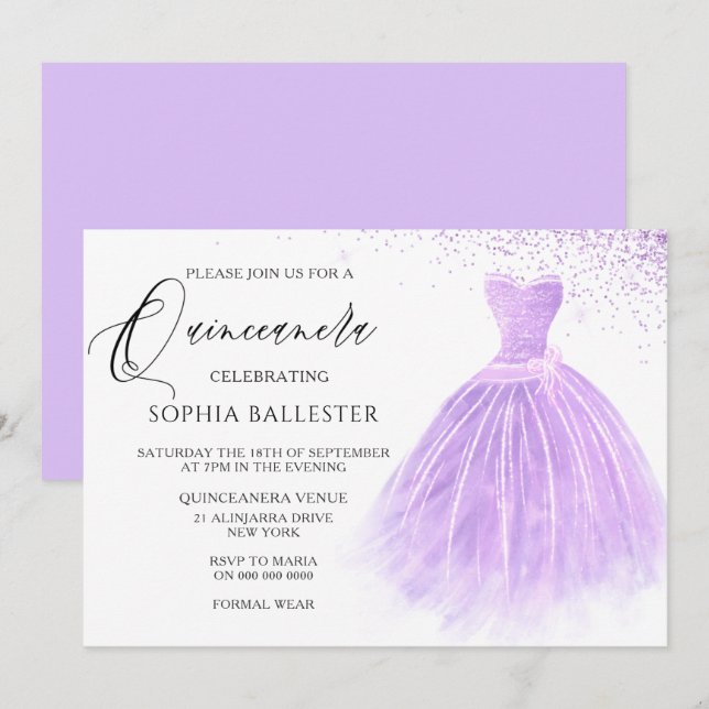 Invitación Lavender Purpurina púrpura Gown Quinceanera Fiesta (Anverso / Reverso)