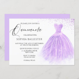 Invitación Lavender Purpurina púrpura Gown Quinceanera Fiesta