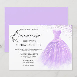 Invitación Lavender Purpurina púrpura Gown Quinceanera Fiesta