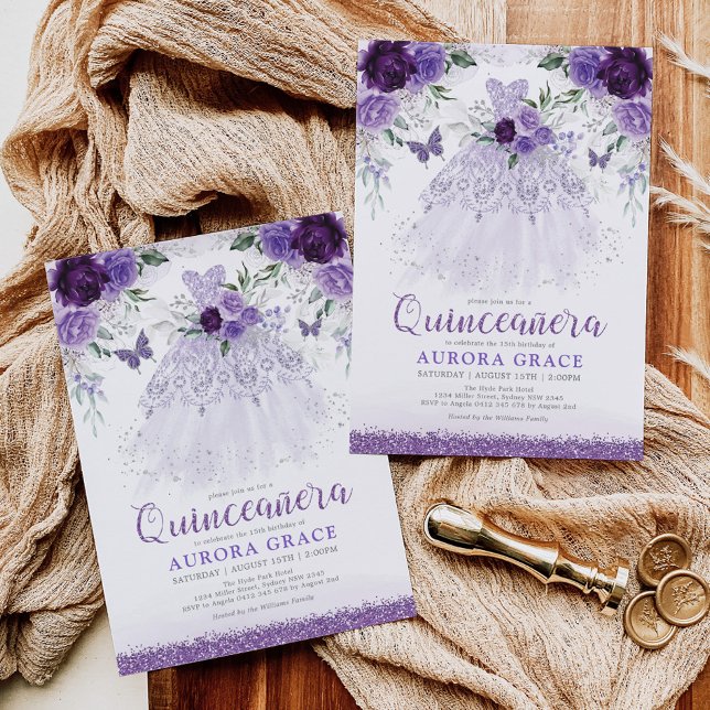 Invitación Lavender Quinceañera Princesa Vestir Mariposas (Subido por el creador)