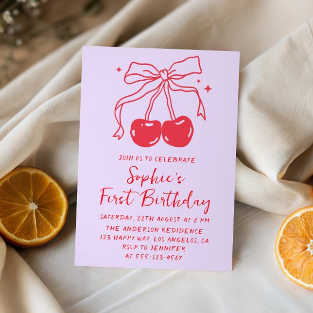Invitación Lavender & Red Bow Cherry Fruit 1st Birthday Party (Subido por el creador)