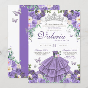 Invitación Lavender Rosa de Plata Morada Mariposa Quinceanera