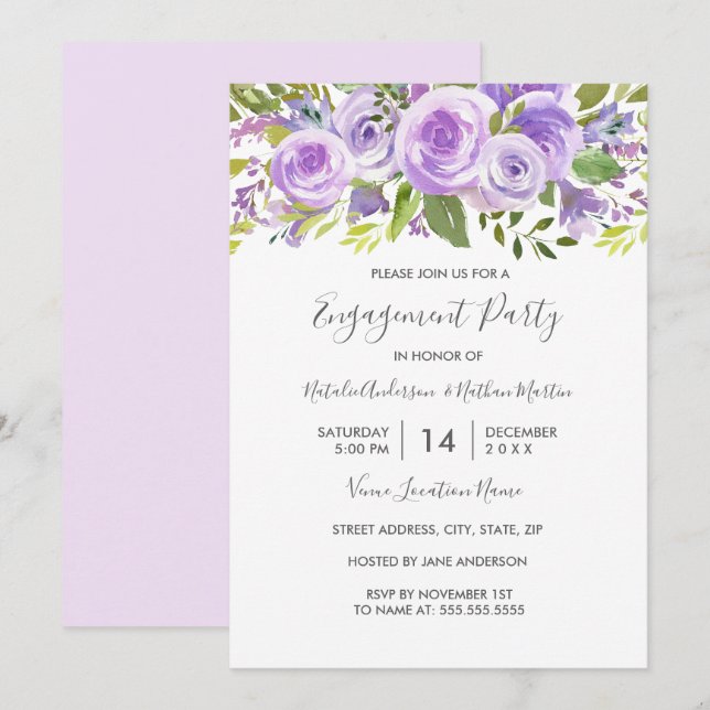 Invitación Lavender Rosa floral Parte de compromiso Boda (Anverso / Reverso)