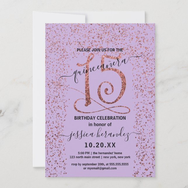 Invitación Lavender Rosa Gold Confetti Border Quinceañera (Anverso)